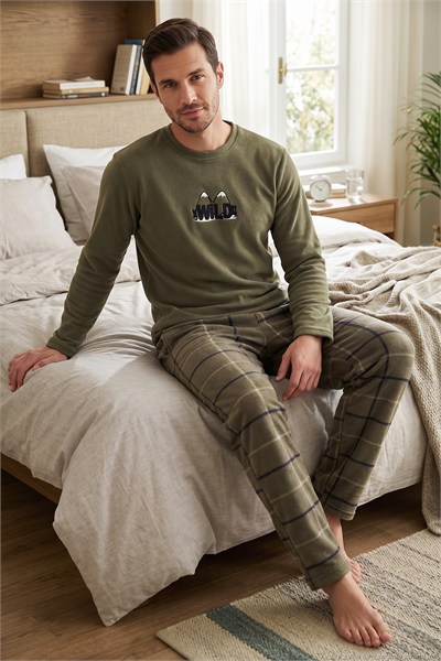 Ekoseli Bisiklet Yaka Yumuşak Dokulu Polar Erkek Pijama Takımı 6097064 HAKİ