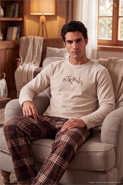 Ekoseli Bisiklet Yaka Yumuşak Dokulu Polar Erkek Pijama Takımı 6097000 BEJ