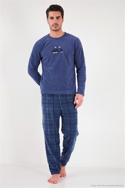 Ekoseli Bisiklet Yaka Yumuşak Dokulu Polar Erkek Pijama Takımı 6097064 İNDİGO