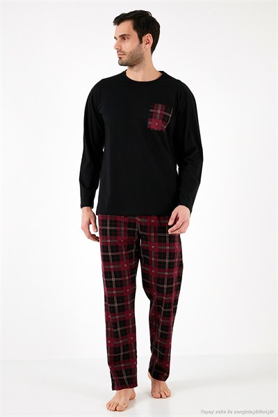 Ekoseli Cepli Beli Lastikli % 100 Pamuk Regular Fit Erkek Pijama Takımı 6572001 SİYAH-BORDO