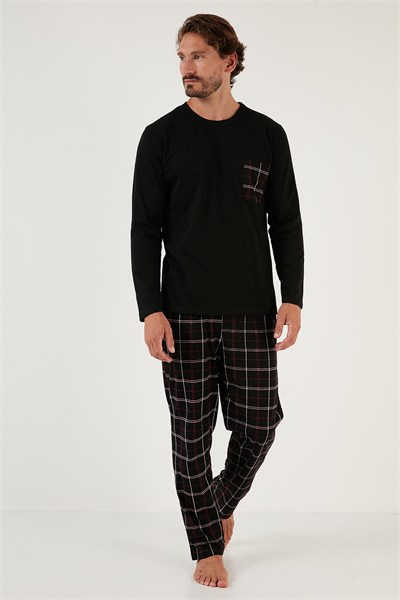 Ekoseli Cepli Beli Lastikli % 100 Pamuk Regular Fit Erkek Pijama Takımı 6572001 SİYAH