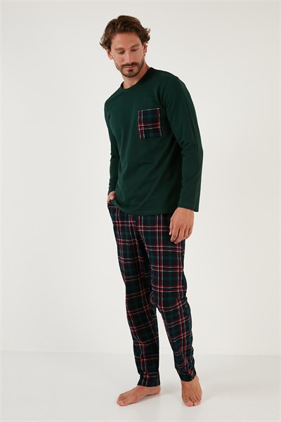 Ekoseli Cepli Beli Lastikli % 100 Pamuk Regular Fit Erkek Pijama Takımı 6572001 YEŞİL