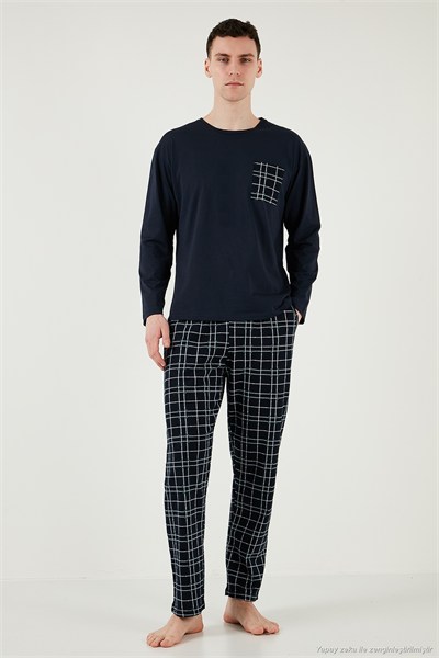 Ekoseli Cepli Beli Lastikli % 100 Pamuk Regular Fit Erkek Pijama Takımı 6572001 LACİVERT-YEŞİL