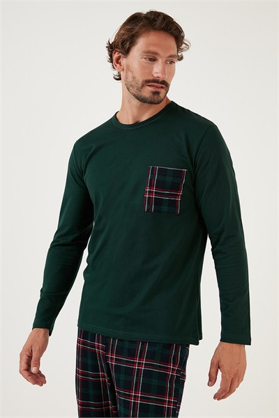 Ekoseli Cepli Beli Lastikli % 100 Pamuk Regular Fit Erkek Pijama Takımı 6572001 YEŞİL
