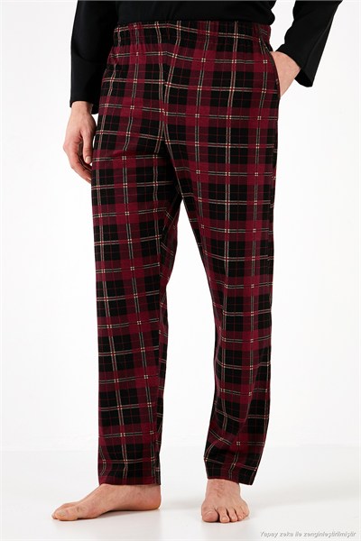 Ekoseli Cepli Beli Lastikli % 100 Pamuk Regular Fit Erkek Pijama Takımı 6572001 SİYAH-BORDO