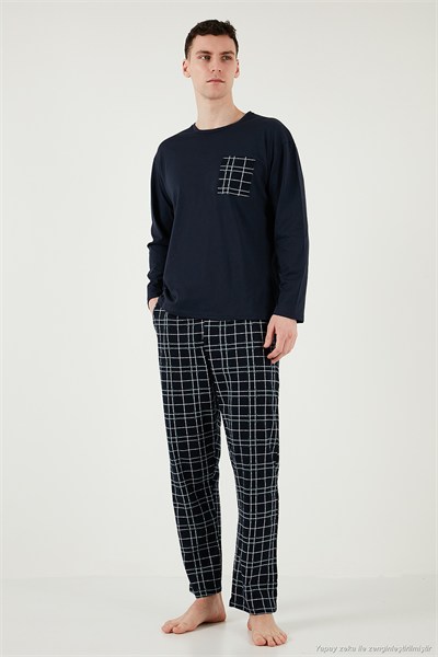 Ekoseli Cepli Beli Lastikli % 100 Pamuk Regular Fit Erkek Pijama Takımı 6572001 LACİVERT-YEŞİL
