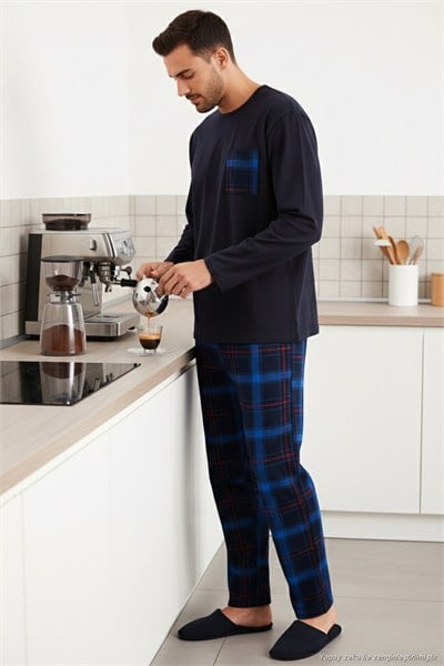 Ekoseli Cepli Beli Lastikli % 100 Pamuk Regular Fit Erkek Pijama Takımı 6572001 LACİVERT-SAKS