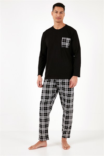 Ekoseli Cepli Beli Lastikli % 100 Pamuk Regular Fit Erkek Pijama Takımı 6572001 SİYAH-BEYAZ