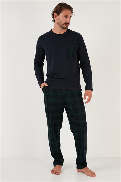 Ekoseli Cepli Beli Lastikli % 100 Pamuk Regular Fit Erkek Pijama Takımı 6572001 LACİVERT