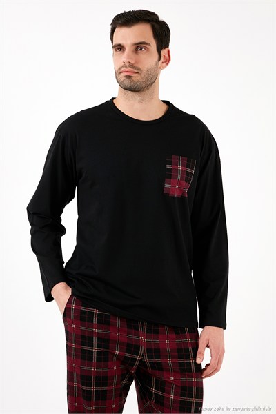 Ekoseli Cepli Beli Lastikli % 100 Pamuk Regular Fit Erkek Pijama Takımı 6572001 SİYAH-BORDO