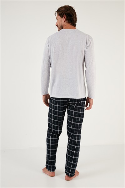 Ekoseli Cepli Beli Lastikli % 100 Pamuk Regular Fit Erkek Pijama Takımı 6572001 GRİ MELANJ