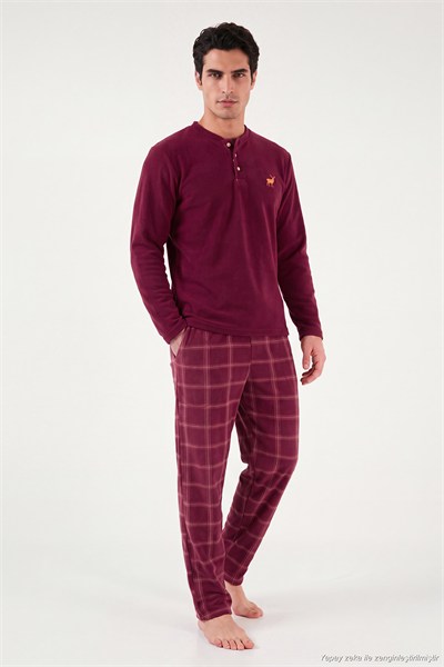 Ekoseli Düğmeli Bisiklet Yaka Yumuşak Polar Erkek Pijama Takımı 6097019 BORDO