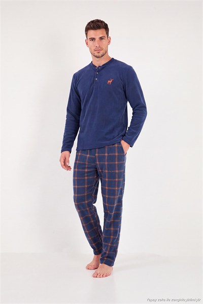 Ekoseli Düğmeli Bisiklet Yaka Yumuşak Polar Erkek Pijama Takımı 6097019 İNDİGO