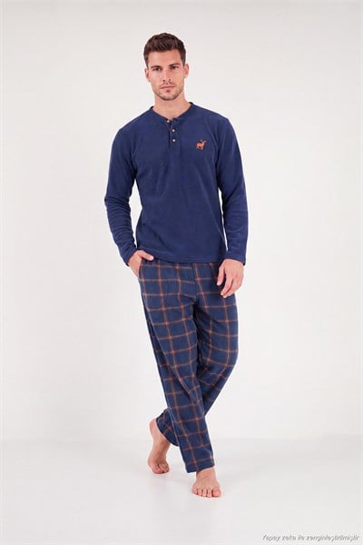 Ekoseli Düğmeli Bisiklet Yaka Yumuşak Polar Erkek Pijama Takımı 6097019 İNDİGO