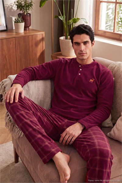 Ekoseli Düğmeli Bisiklet Yaka Yumuşak Polar Erkek Pijama Takımı 6097019 BORDO