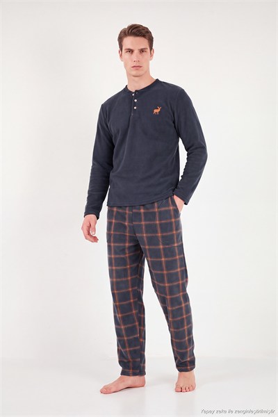 Ekoseli Düğmeli Bisiklet Yaka Yumuşak Polar Erkek Pijama Takımı 6097019 FÜME