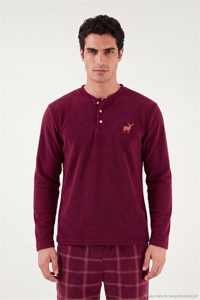 Ekoseli Düğmeli Bisiklet Yaka Yumuşak Polar Erkek Pijama Takımı 6097019 BORDO