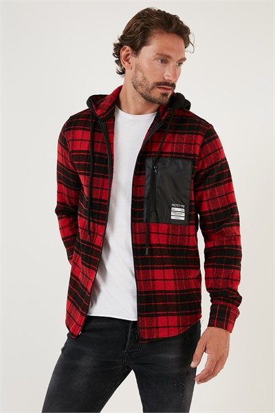 Ekoseli Kapüşonlu Fermuarlı Oversize Kışlık Oduncu Erkek Gömlek CF24W197032 KIRMIZI