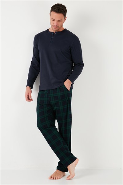 Ekoseli Pamuklu Beli Lastikli Regular Fit Uzun Kollu Erkek Pijama Takımı 6572003 LACİVERT