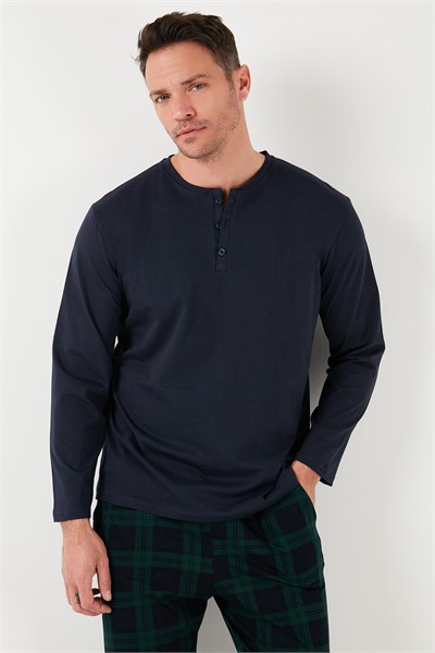 Ekoseli Pamuklu Beli Lastikli Regular Fit Uzun Kollu Erkek Pijama Takımı 6572003 LACİVERT