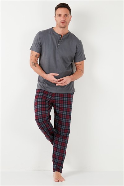 Ekoseli Pamuklu Beli Lastikli Regular Fit Kısa Kollu Erkek Pijama Takımı 6572004 FÜME