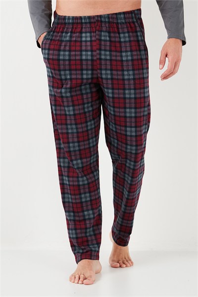 Ekoseli Pamuklu Beli Lastikli Regular Fit Uzun Kollu Erkek Pijama Takımı 6572003 FÜME
