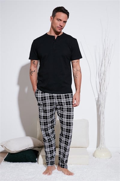 Ekoseli Pamuklu Beli Lastikli Regular Fit Kısa Kollu Erkek Pijama Takımı 6572004 SİYAH