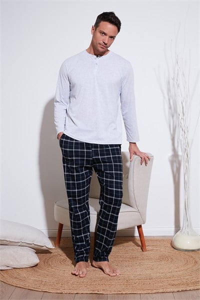 Ekoseli Pamuklu Beli Lastikli Regular Fit Uzun Kollu Erkek Pijama Takımı 6572003 GRİ MELANJ
