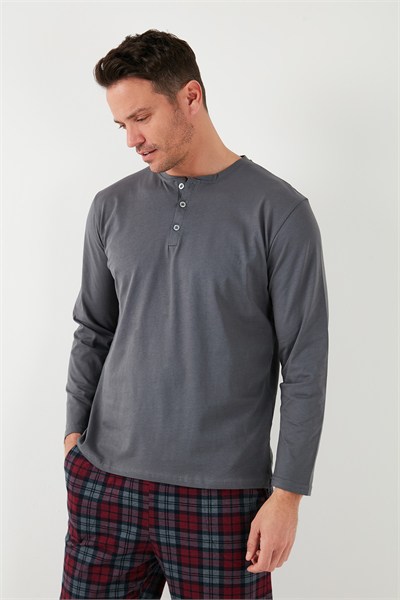 Ekoseli Pamuklu Beli Lastikli Regular Fit Uzun Kollu Erkek Pijama Takımı 6572003 FÜME