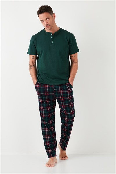 Ekoseli Pamuklu Beli Lastikli Regular Fit Kısa Kollu Erkek Pijama Takımı 6572004 YEŞİL