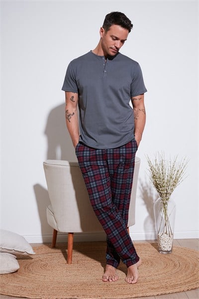 Ekoseli Pamuklu Beli Lastikli Regular Fit Kısa Kollu Erkek Pijama Takımı 6572004 FÜME