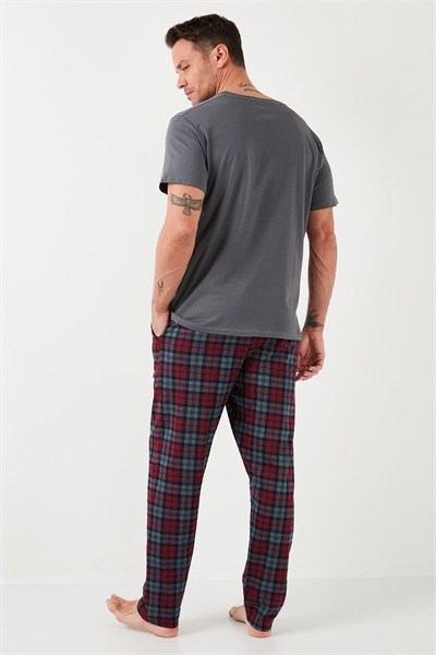 Ekoseli Pamuklu Beli Lastikli Regular Fit Kısa Kollu Erkek Pijama Takımı 6572004 FÜME
