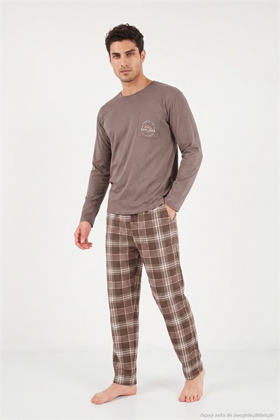 Ekoseli Pamuklu Bisiklet Yaka Erkek Pijama Takımı 6575007 KAHVE