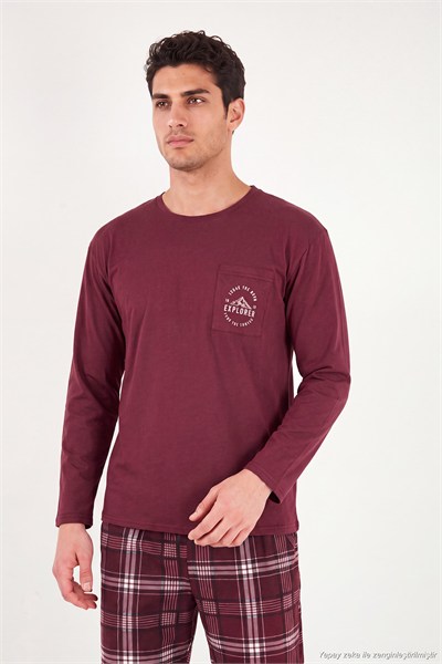 Ekoseli Pamuklu Bisiklet Yaka Erkek Pijama Takımı 6575007 BORDO