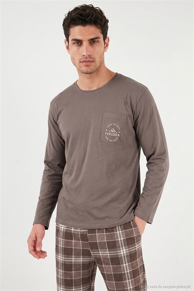 Ekoseli Pamuklu Bisiklet Yaka Erkek Pijama Takımı 6575007 KAHVE