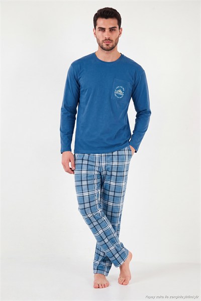 Ekoseli Pamuklu Bisiklet Yaka Erkek Pijama Takımı 6575007 MAVİ