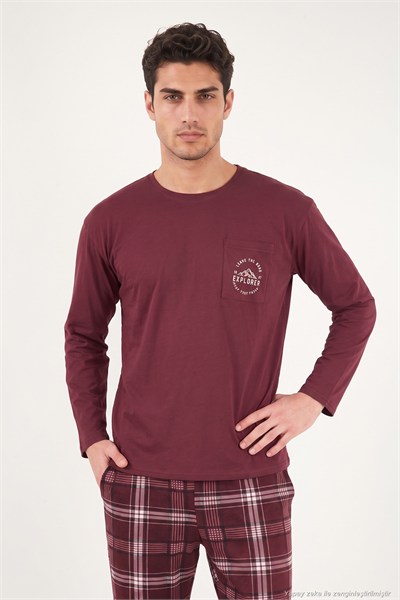 Ekoseli Pamuklu Bisiklet Yaka Erkek Pijama Takımı 6575007 BORDO