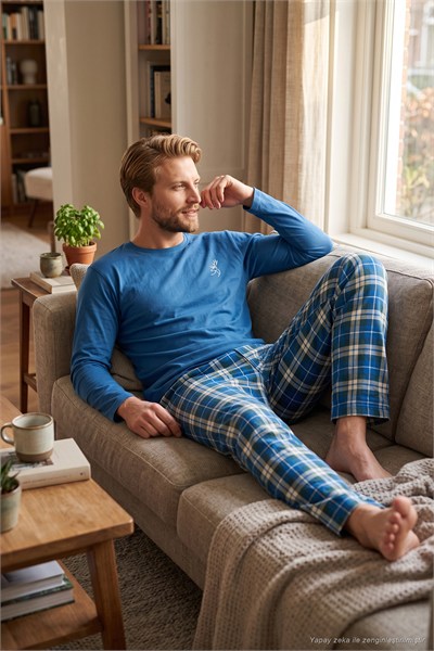 Ekoseli Pamuklu Bisiklet Yaka Uzun Kollu Erkek Pijama Takımı 6575003 İNDİGO