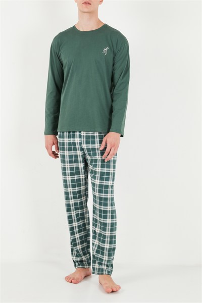 Ekoseli Pamuklu Bisiklet Yaka Uzun Kollu Erkek Pijama Takımı 6575003 YEŞİL