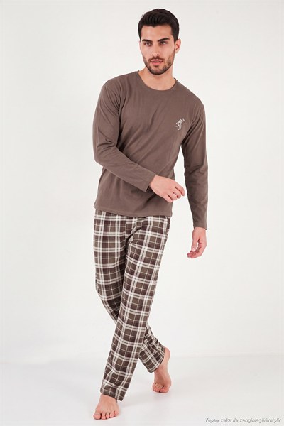 Ekoseli Pamuklu Bisiklet Yaka Uzun Kollu Erkek Pijama Takımı 6575003 KAHVE