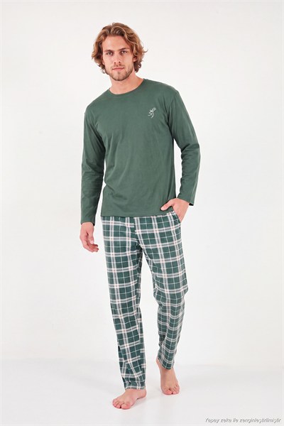 Ekoseli Pamuklu Bisiklet Yaka Uzun Kollu Erkek Pijama Takımı 6575003 YEŞİL