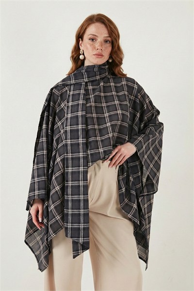 Ekoseli Pamuklu Oversize Fit Fular Yakalı Kadın Panço 6925472 LACİVERT