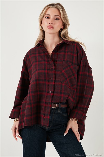 Ekoseli Pamuklu Oversize Fit Klasik Yaka Kadın Gömlek 6835002 MÜRDÜM