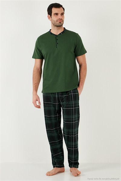 Ekoseli Pamuklu Regular Fit Kısa Kollu Erkek Pijama Takımı 60961007 YEŞİL