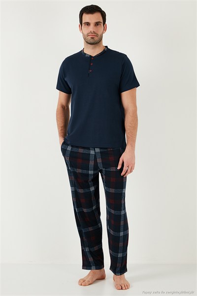Ekoseli Pamuklu Regular Fit Kısa Kollu Erkek Pijama Takımı 60961007 LACİVERT