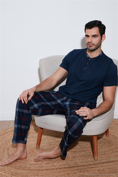 Ekoseli Pamuklu Regular Fit Kısa Kollu Erkek Pijama Takımı 60961007 LACİVERT