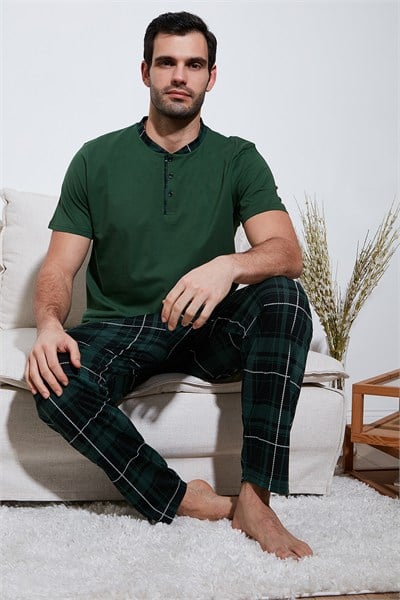 Ekoseli Pamuklu Regular Fit Kısa Kollu Erkek Pijama Takımı 60961007 YEŞİL