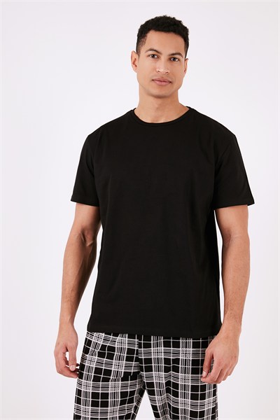 Ekoseli Pamuklu Regular Fit Kısa Kollu Erkek Pijama Takımı 6572006 SİYAH