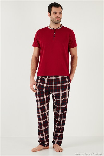 Ekoseli Pamuklu Regular Fit Kısa Kollu Erkek Pijama Takımı 60961007 BORDO