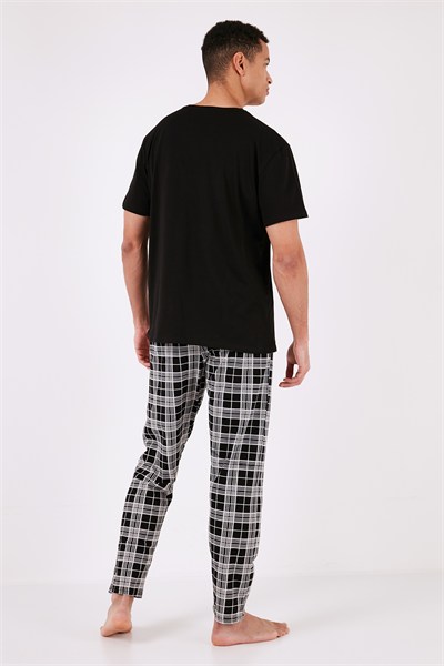 Ekoseli Pamuklu Regular Fit Kısa Kollu Erkek Pijama Takımı 6572006 SİYAH